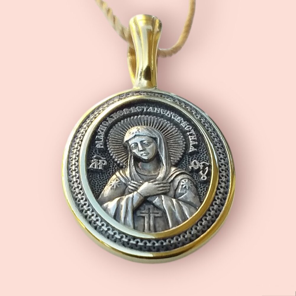 Orthodox Virgin Mary Pendant 925 Sterling Silver 24K Gold Plated Religious NEW - Picture 2 of 12